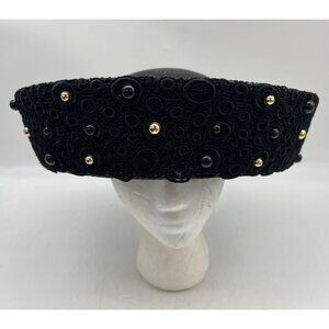 Vintage Women Wide Brim Hat Black Beaded Lace Classic Retro Decorative Headpiece